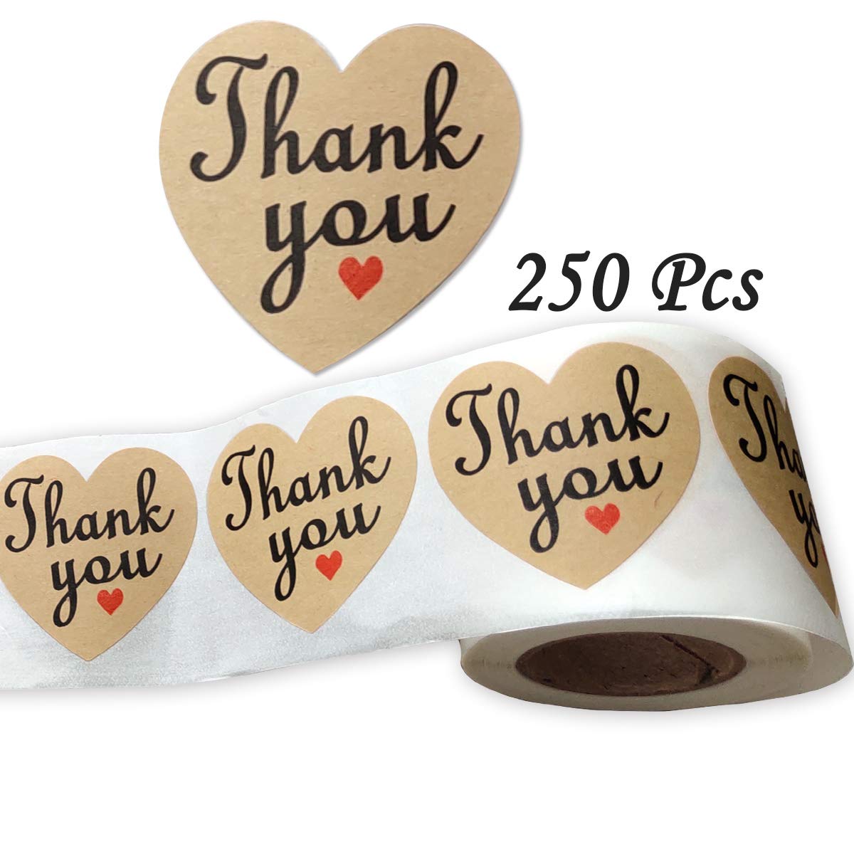 Natural Kraft Appreciation Labels 2 Inch Valentine's Day Heart Thank You Sticker for Greeting Cards,Package,Wedding,Baby Shower,250 Pcs Per Roll