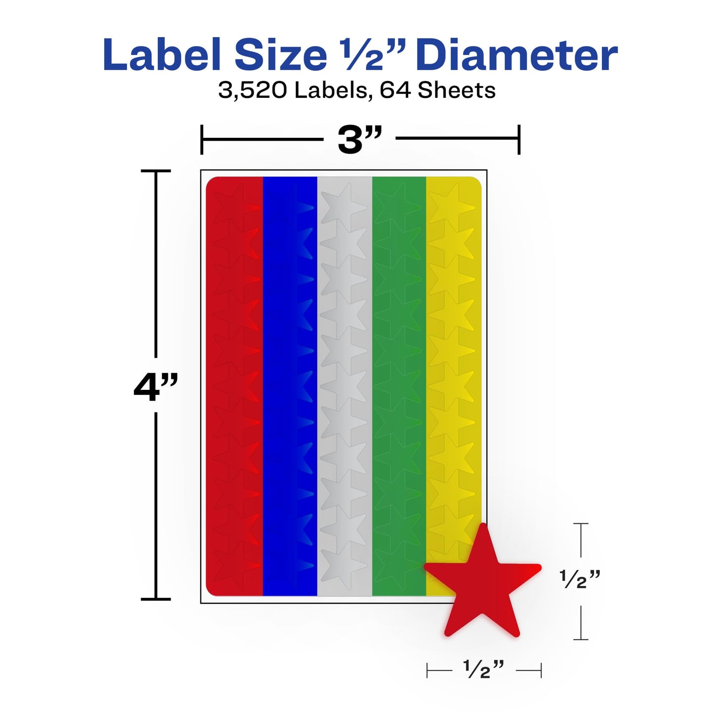 Avery Foil Star Labels, 1/2", Assorted Colors, Non-Printable, 8 Packs, 3,520 Star Stickers Total (21922)