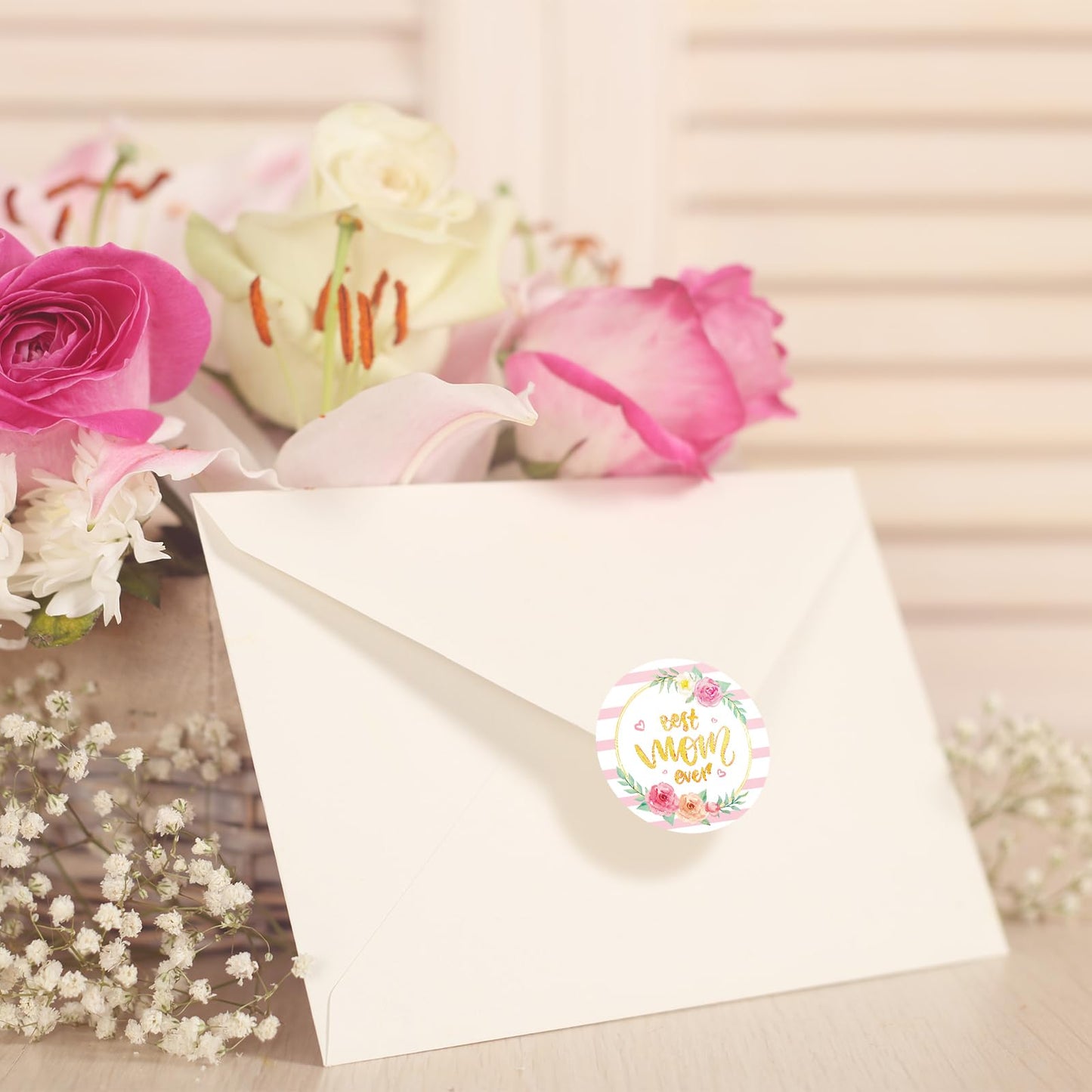 Heyfibro 1.5 Inch 500 PCS Happy Mother's Day Stickers Roll for Envelope Seals, Party Favors, Gift Boxes, Cards(Best Mom Ever) Flower Heart 1