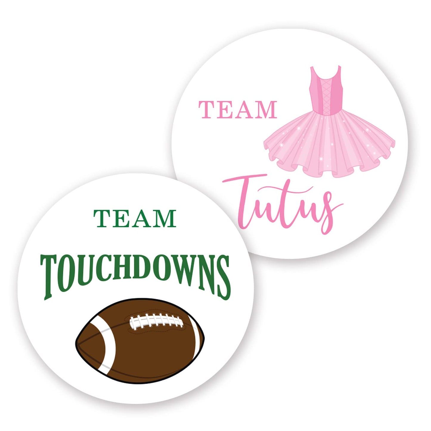 2" Round Touchdown or Tutus Gender Reveal Stickers - 40 Labels (20 of Each Design)