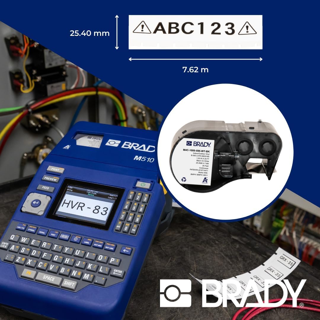 Brady Authentic (M4C-1000-595-WT-BK) All-Weather Vinyl Labels 1 in W x 25ft Black on White. for use with BMP41, BMP51, M410, M510, and M511 Label Printers.