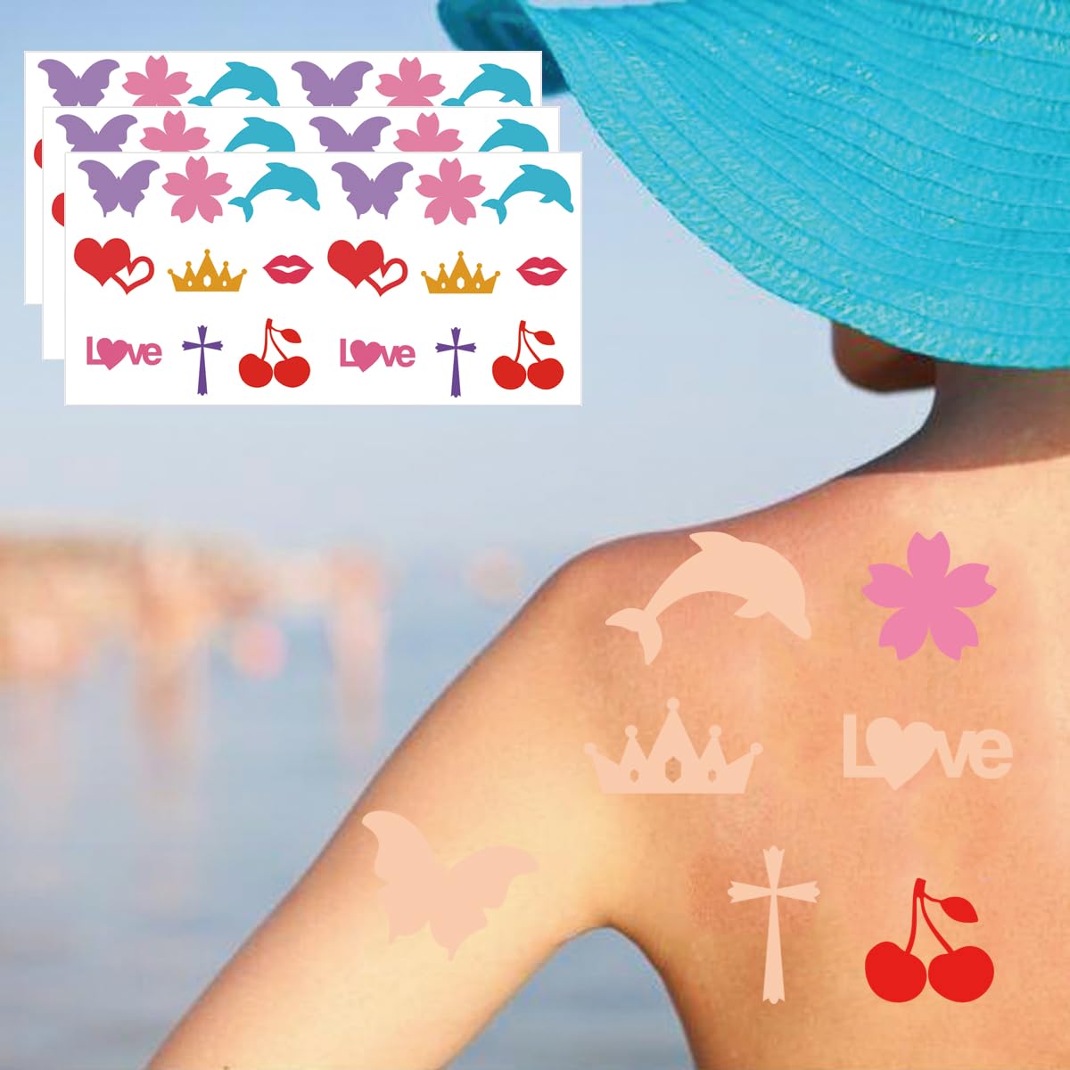 270pcs Christmas Tanning Sunbathing Stickers Self Adhesive Heart Lips Dolphin Butterfly Cherry Body Sticker Tanning Bed Decals for Summer Beach Outdoor Indoor Salon Party Supplies