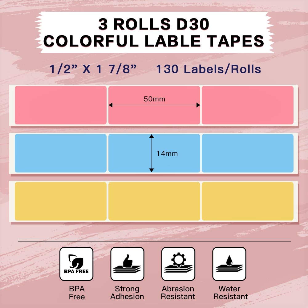 Phomemo D30 Adhesive Color Label Paper 1/2" X 1 7/8" (14mm X 50mm) 130 Labels/Roll, Black on Pink, Bule,Yellow, 3 Roll