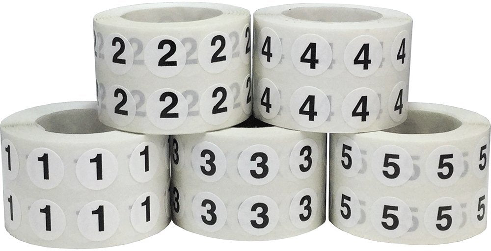 Numbers 1-5 Bulk Pack Office Warehouse Organization Inventory Stickers 1/2 Inch 1,000 Per Roll 5,000 Total Stickers