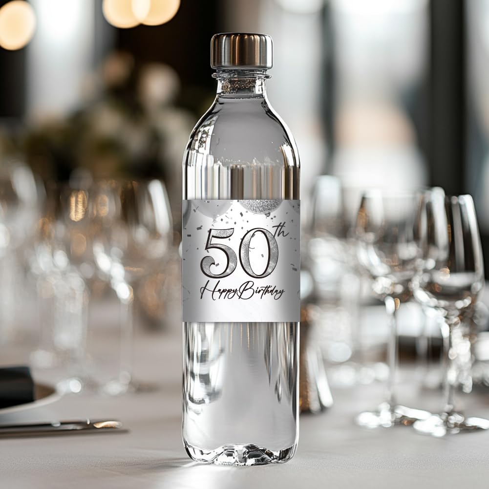 PH PandaHall 50th Birthday Water Bottle Labels Happy Birthday Stickers for Party Personalized Water Bottel Wraps Self Adhesive Labels for Father Husband 8.5x2.5 inches, 30pcs