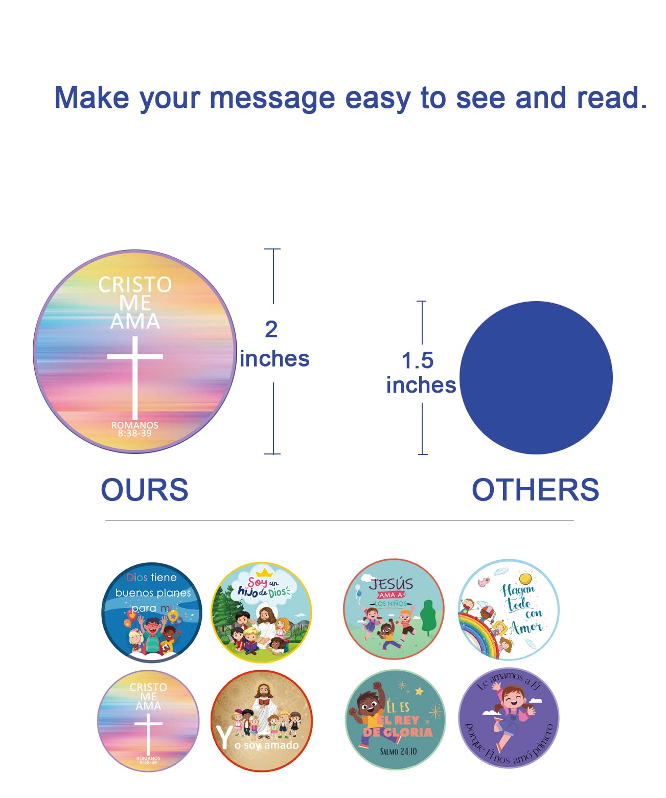 Spanish Christian Stickers for Kids | 2 Inch Jesus Bible Verse Stickers | 8 Designs Scripture Faith Quotes Labels for Church,Sunday School (80pcs) Kids Jesus Sticker