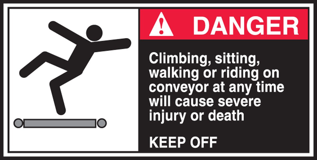Accuform LECN171 CEMA Safety Label, "Danger Climbing, Sitting, Walking or Riding on Conveyor Will Cause Severe Injury or Death Keep Off", 2.5"x5"x0.004", Adhesive Vinyl, Red/Black on White (Pack 5)