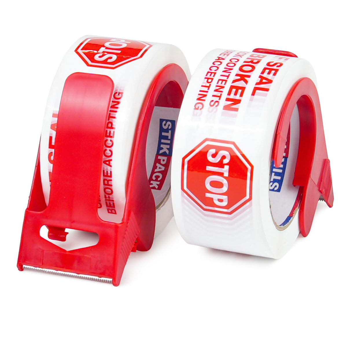 2 Pack Stop Sign Sealing Tape Pre-Printed IF Seal is Broken Check Contents Before Accepting Heavy Duty Packing Tape with Dispenser 2 Inch x 110 Yards, Total 220Y for Moving and Shipping