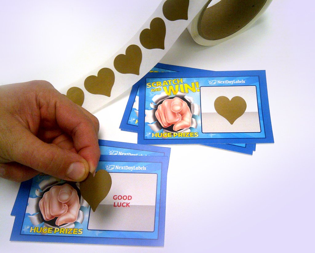 (1-1/4 Heart Shape Gold - 500) Scratch Off Labels Stickers, Designed to Create Your own Scratch-Off Cards, Raffles, Promotions, Wedding, Fun, Games etc. 1-1/4 Heart - Gold