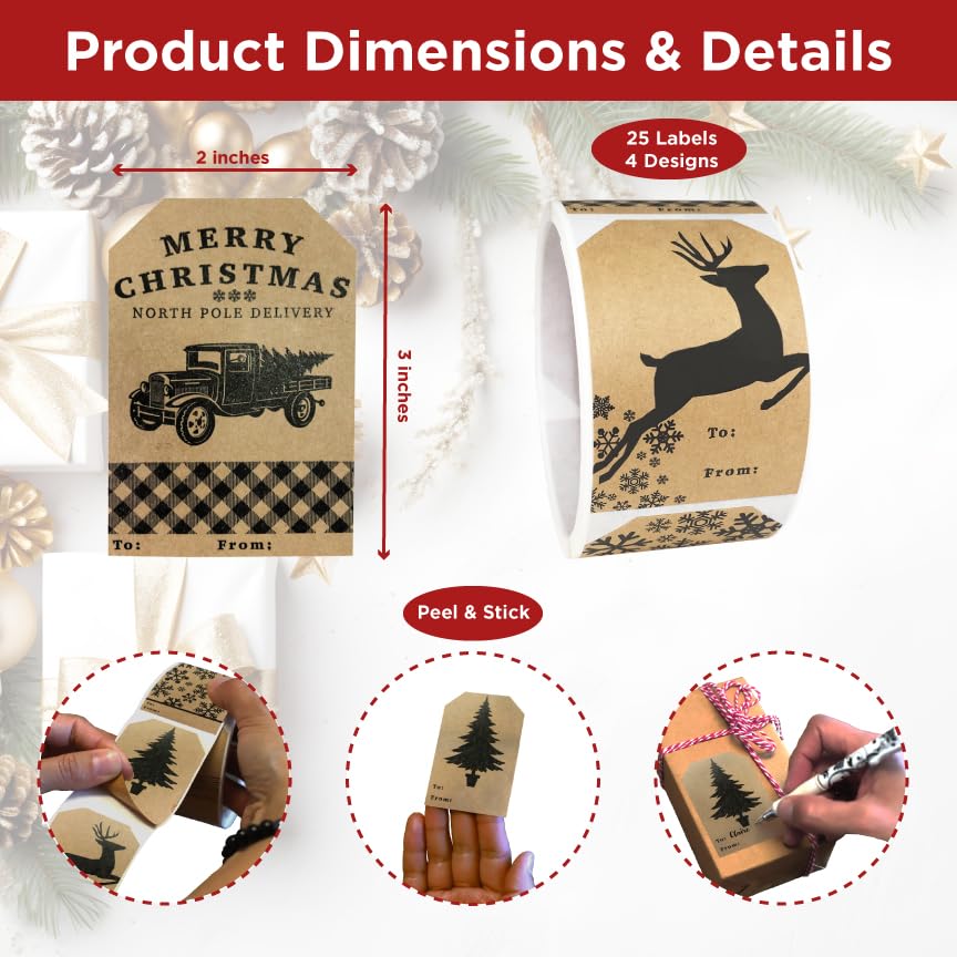 Natural Kraft Holiday Gift Tag Stickers – 2 x 3 Inch Labels, Set of 25 – 4 Unique Festive Designs for Christmas Wrapping, Eco-Friendly, Made in The USA