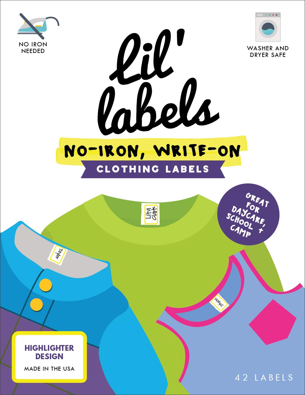 Clothing Labels, Name Labels, Washer and Dryer Safe, No-Iron, Labels for Daycare, Washable, Write-On, Made in The USA, Highlighter" Design, Set of 1 "Highlighter", Set of 1