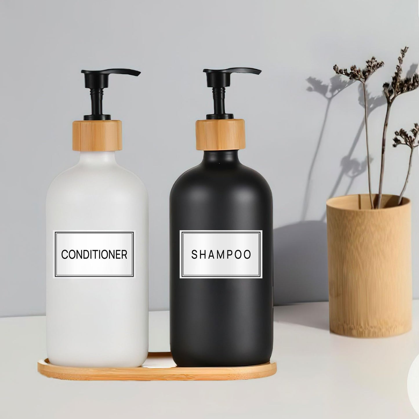 Minimalist Bathroom Labels - 32PCS Set with DIY Blank Labels, Waterproof & Oil Resistant for Shampoo, Conditioner & Hand Soap Dispensers