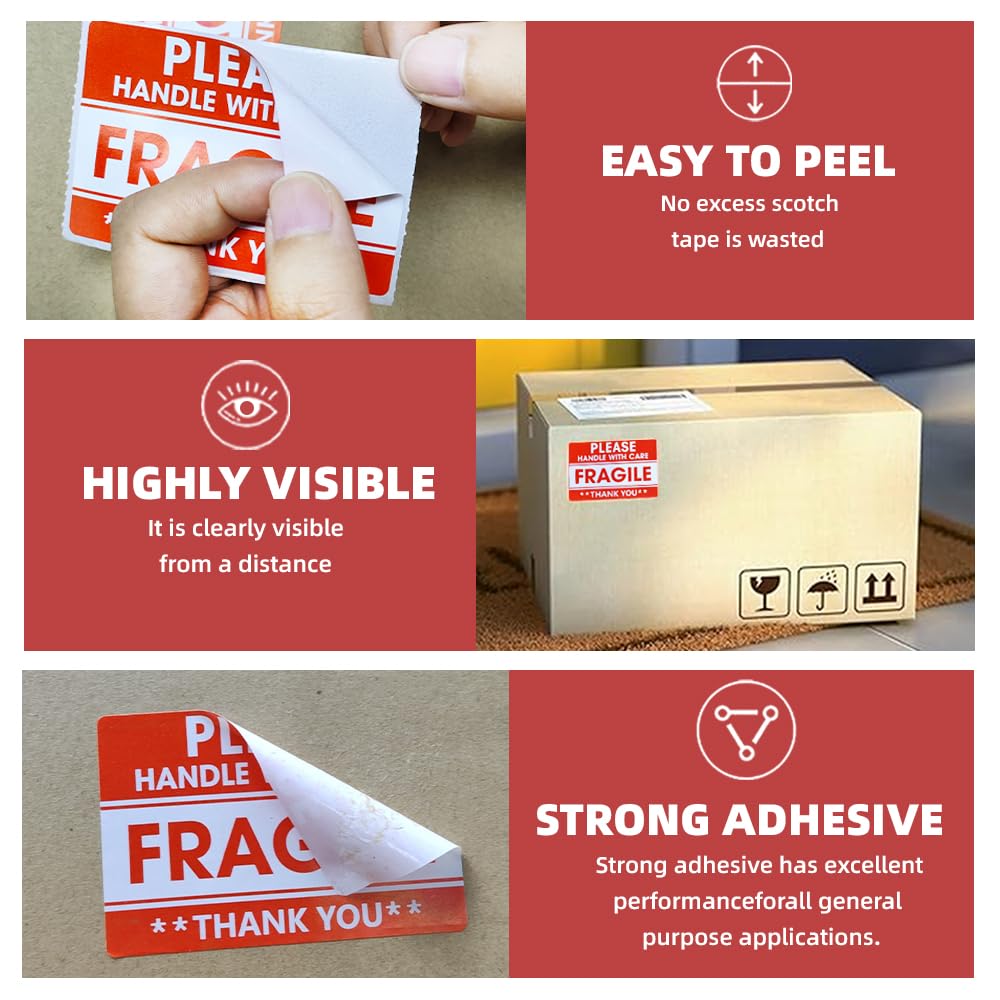 2" x 3" Fragile Stickers for Shipping, Handle with Care Fragile Stickers, Strong Permanent Adhesive Labels for Moving, Red Warning Packing Shipping Label Stickers (500 Labels/1 Roll) 1 Roll, 500Labels