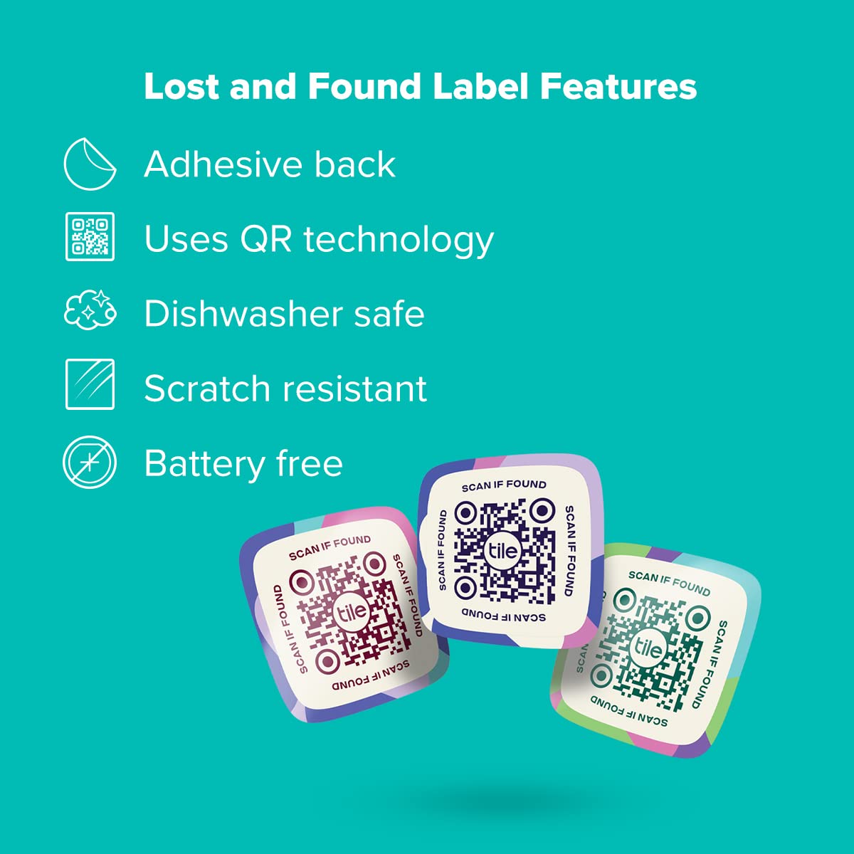 Tile Lost and Found Labels | QR Scannable Labels for Laptops, Water Bottles, Pet Collars, Kids Toys, Headphones and More | Android and iOS Devices | Scratch Proof | Adhesive | 25 Labels