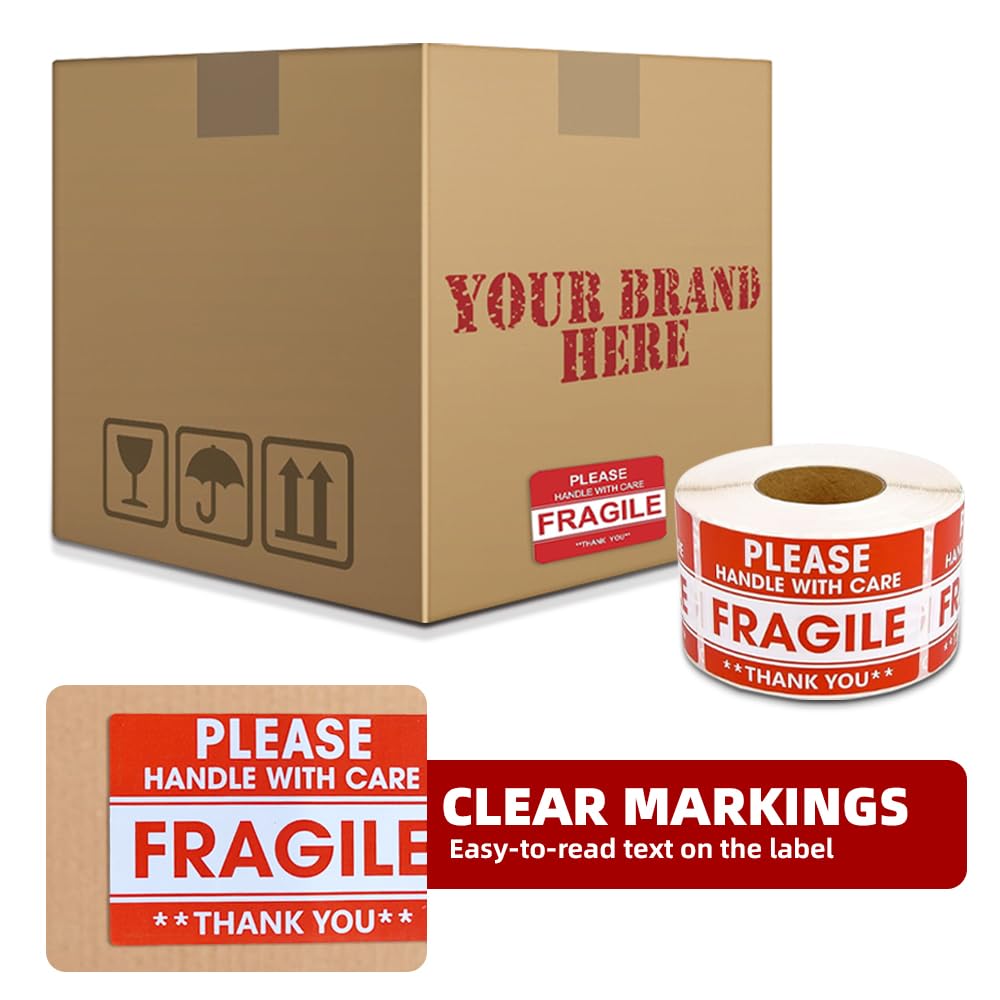 2" x 3" Fragile Stickers for Shipping, Handle with Care Fragile Stickers, Strong Permanent Adhesive Labels for Moving, Red Warning Packing Shipping Label Stickers (500 Labels/1 Roll) 1 Roll, 500Labels