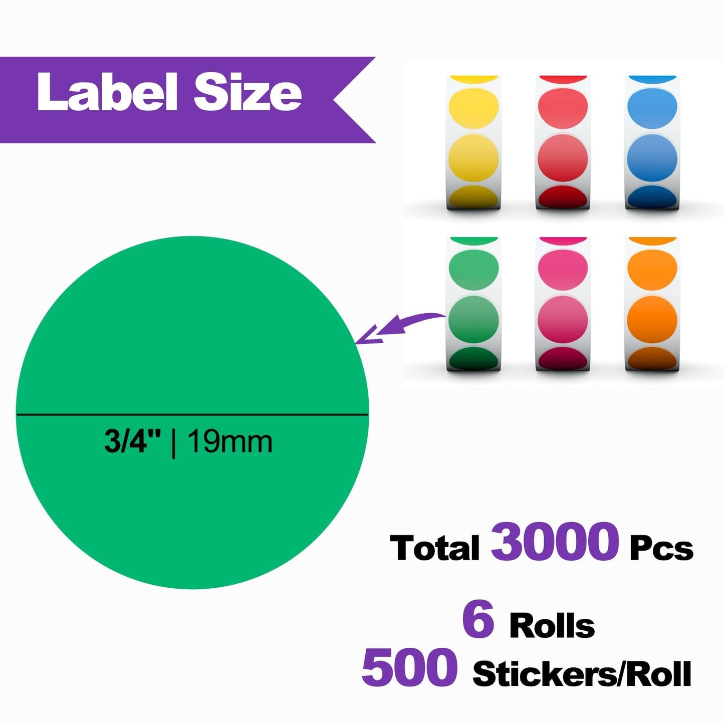 AveneMark 3000Pcs 3/4" Color Coding Labels Circle Dot Stickers,Round Yard Sale Stickers with Bright Yellow Green Red Pink Orange Blue, Garage Sale Price Stickers(6 Rolls,500 Labels/Roll) 3000 Pcs Stickers