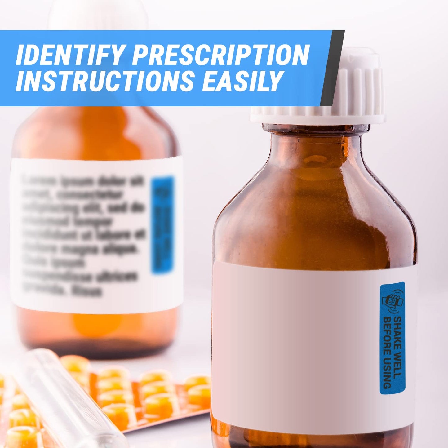 300 Count - Shake Well Before Labels (1.7 x 0.4 inch, Blue) Shake Well Before Using Stickers for Medications, or Pharmacy Instructions 300 Labels