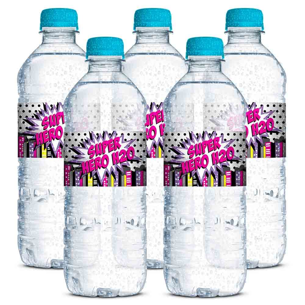 Super Hero Girl Birthday Themed Waterproof Water Bottle Sticker Wrappers 20 Wrap Around Labels Sized 1.75" x 8.5" by AmandaCreation