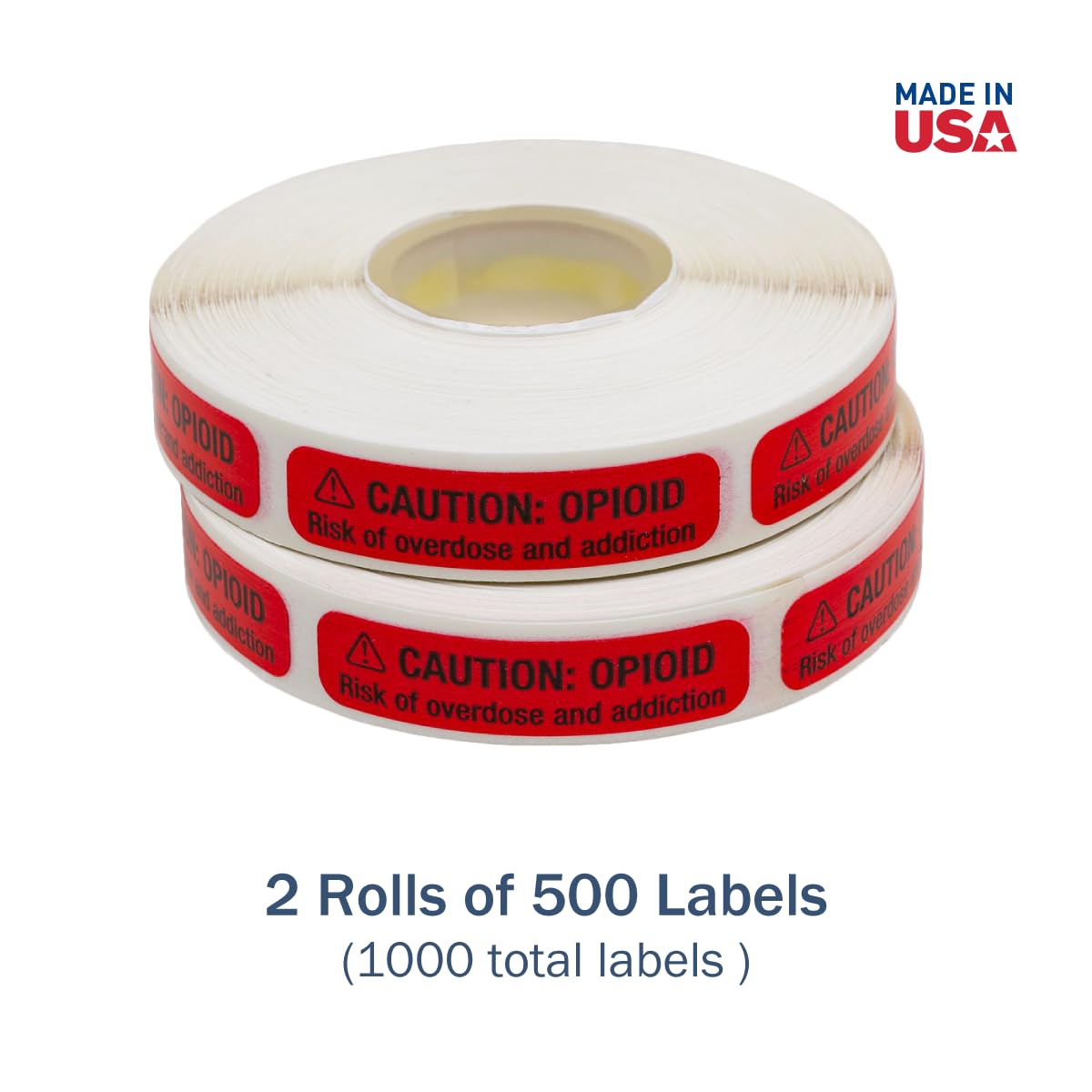 Apothecary Products Caution Tape and Labels, Great for Pharmacy and Tubes, Opioid Risk of Overdose and Addiction, Pack of 1000, Made in the USA