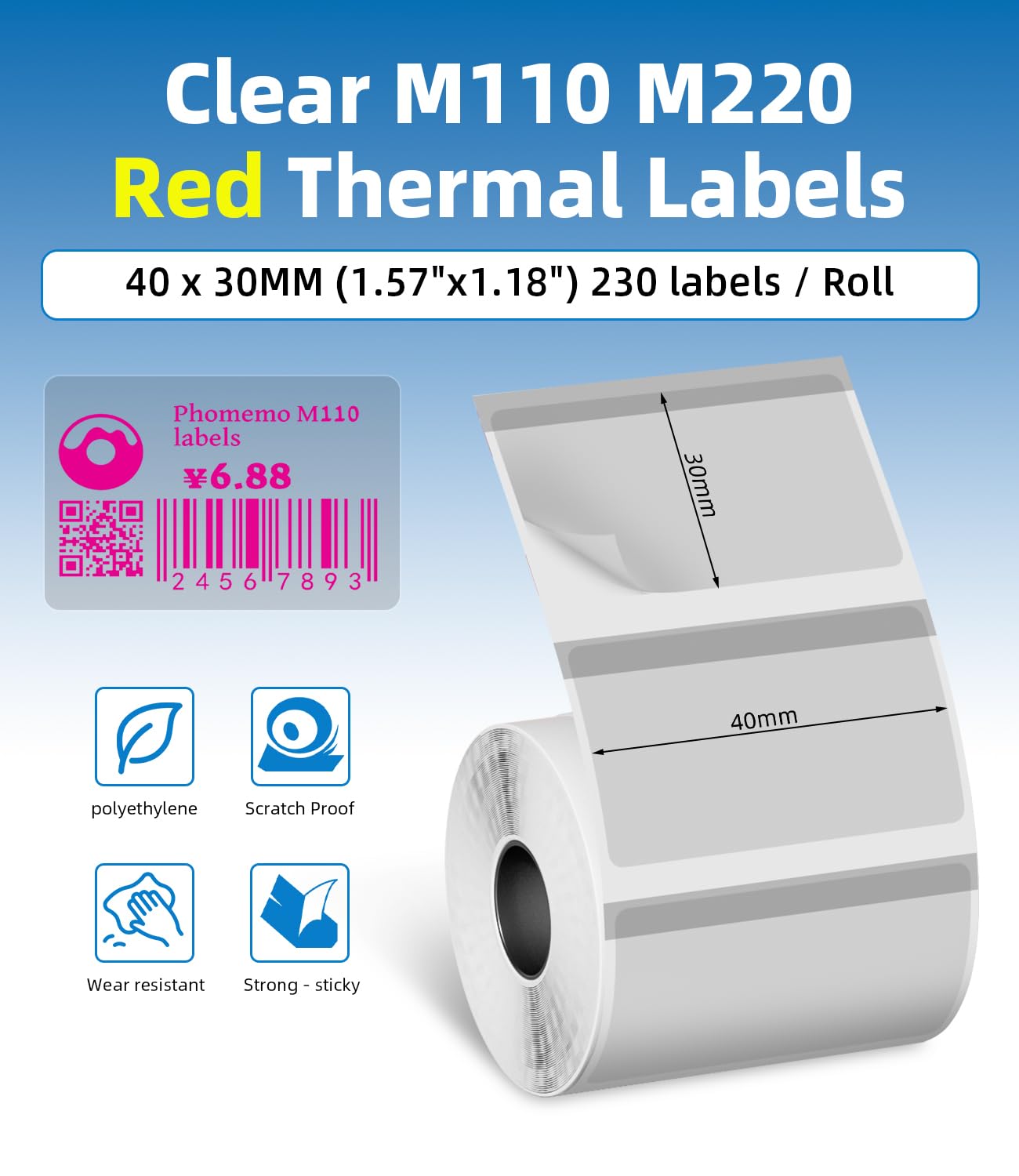 M110 M220 Clear Thermal Labels - Transparent Labels Printed in Pink, 1.57"x1.18" (40X30MM) Waterproof Label Refills for M110 M150 M220 M221 M250 M260 M100 Label Maker for DIY, Logo, Thanks, 230 PCS Red