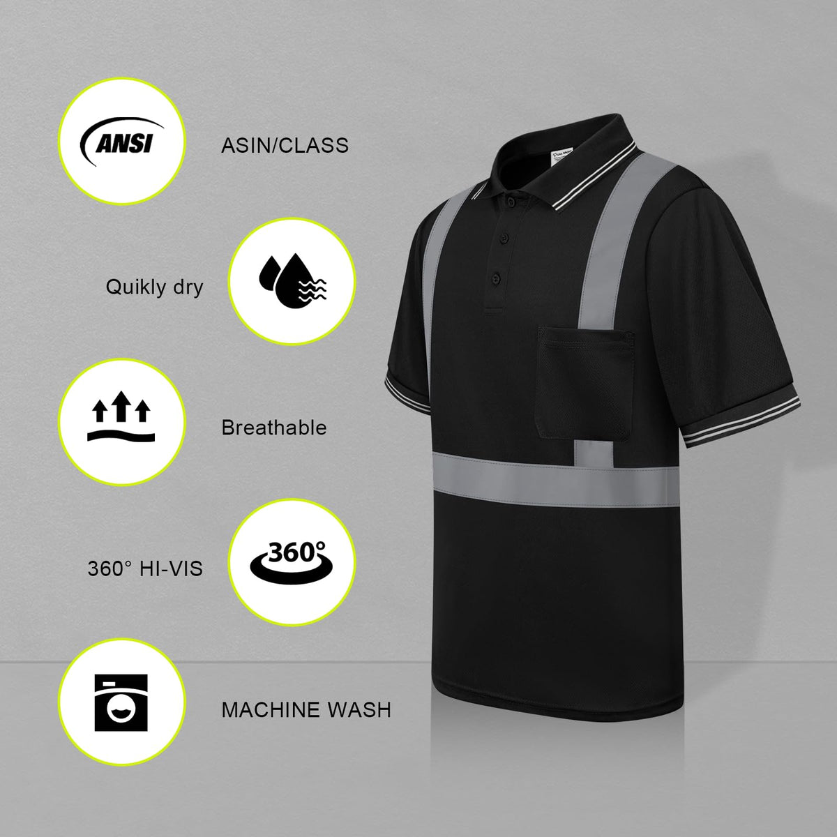 Hi Vis Polo Shirts for Men Construction Class 2 High Visibility Shirts, Reflective Safety T-Shirts for Men Women, Short Sleeve Work Shirts, Breathable, UPL-Black XL 1pc Black X-Large