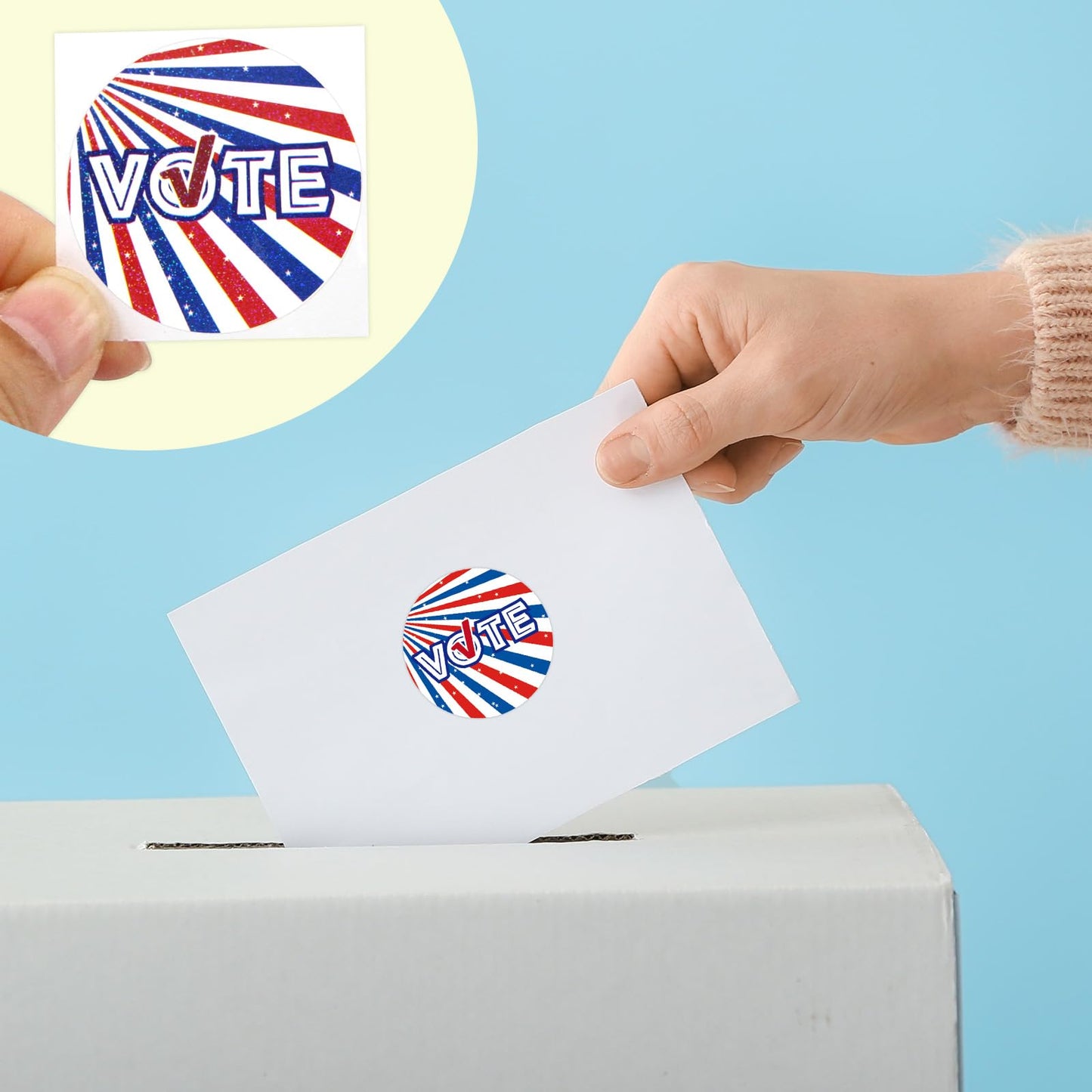 500 Pcs Vote Stickers Roll Glitter White Red Blue Self Adhesive Labels Patriotic for Election Votes Campaigns Voting Supplies