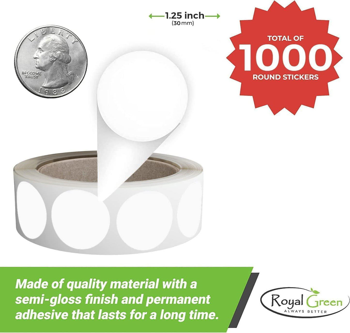 Royal Green Circle Label Roll 1.25 inch White Sticker Label 30mm - 1000 Pack