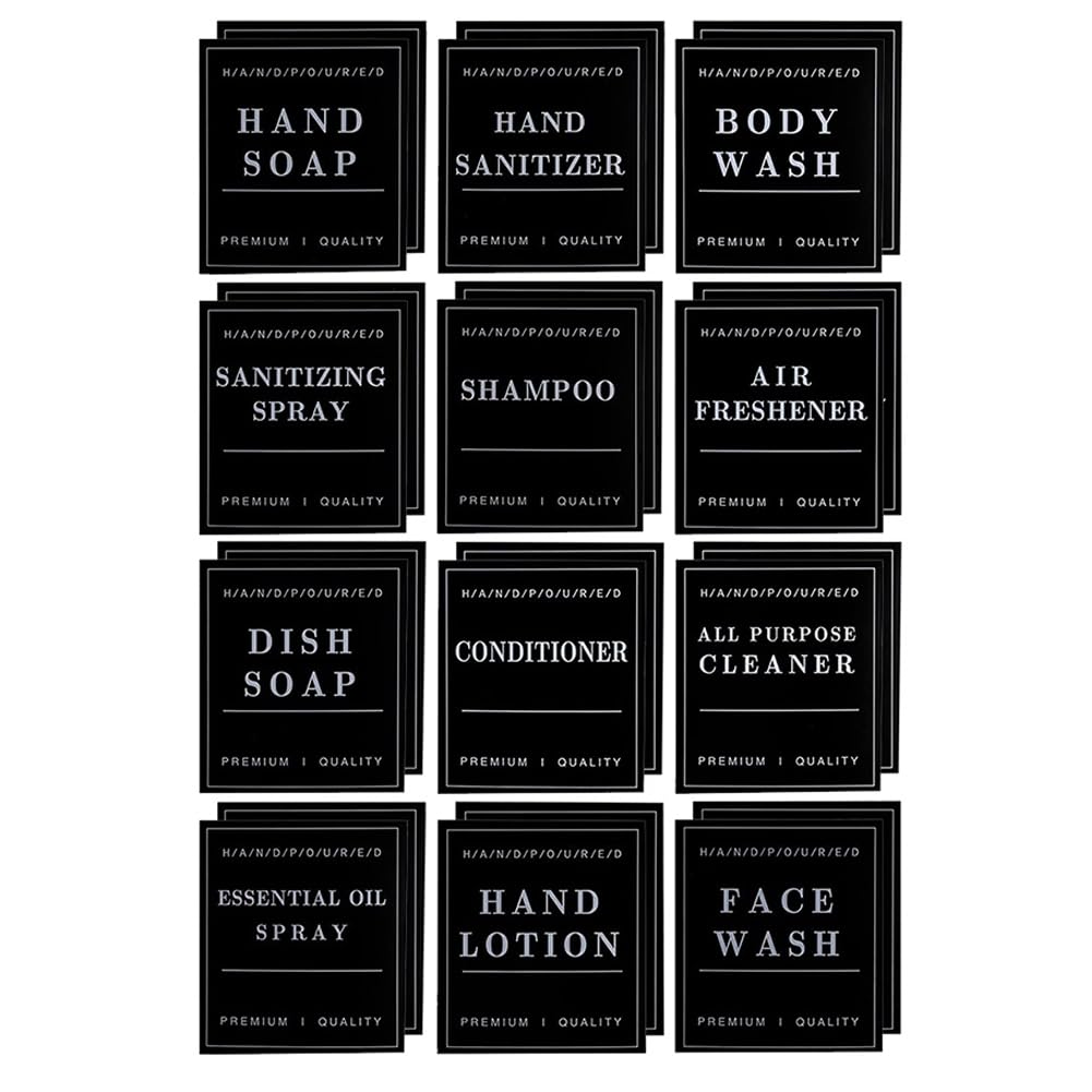 24 PCS Black Waterproof Labels for Bottles, Shampoo and Conditioner Dispenser Label Stickers, Bathroom Hand Soap Label Stickers,Removable Cleaning Labels for Glass/Plastic Spray Bottle