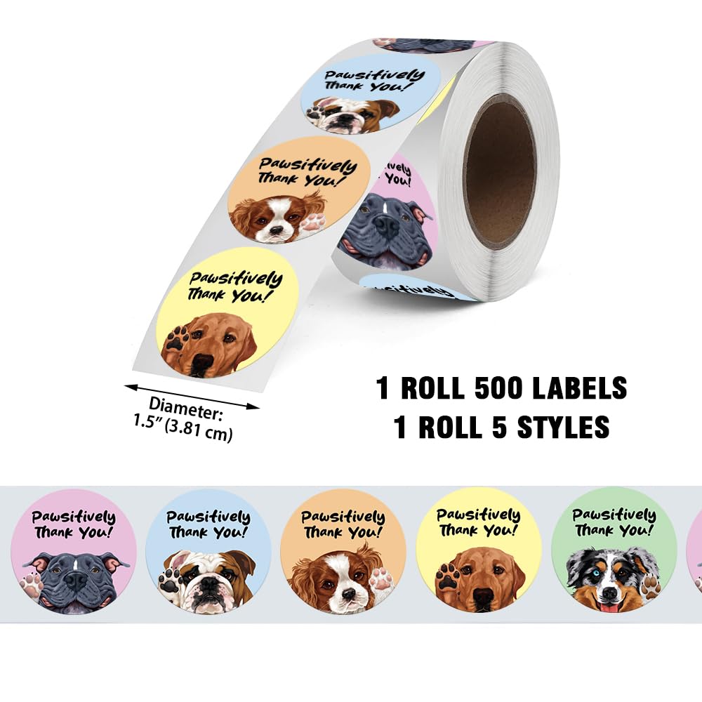 WIRESTER 1.5 Inch Round Stickers, 500 Labels Per Roll in 5 Cute Dog Designs for Wedding Birthday Party Gift Wrap Bag Packaging Envelope Small Business - Pawsitively Thank You! Pawsitively Thank You!