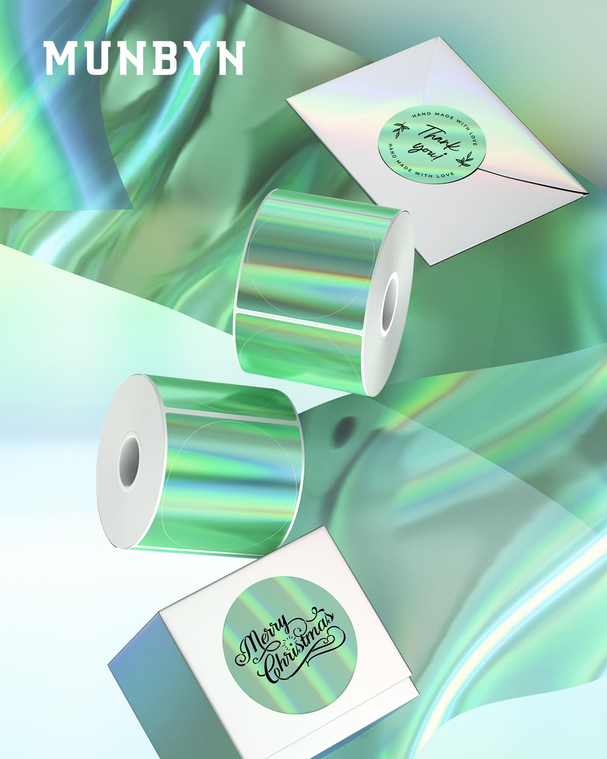 MUNBYN 2" Circle Holographic Thermal Label Stickers Green, Round Printable Rainbow Glitter Thermal Printer Sticker Labels for Gift Wrapping, Self-Adhesive Name Price Tag DIY Custom Logo Design 2" Holographic Green