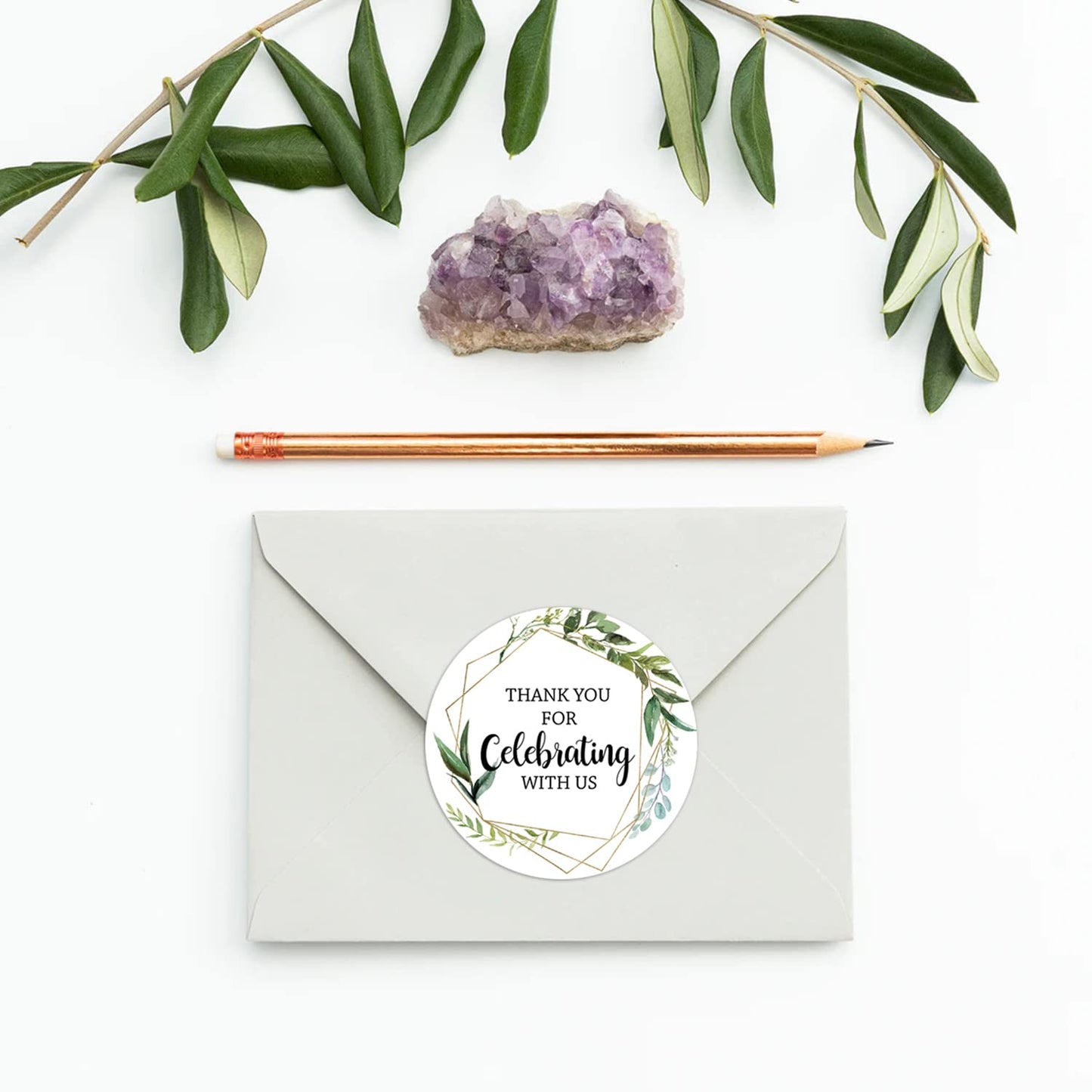 Greenery Thank You Stickers, 2-inch Round, 50-Pack Paper, Matte Finish, Easy to Peel and Stick, Wedding, Baby Shower, Party Favor, Gift, Card Decoration, Green