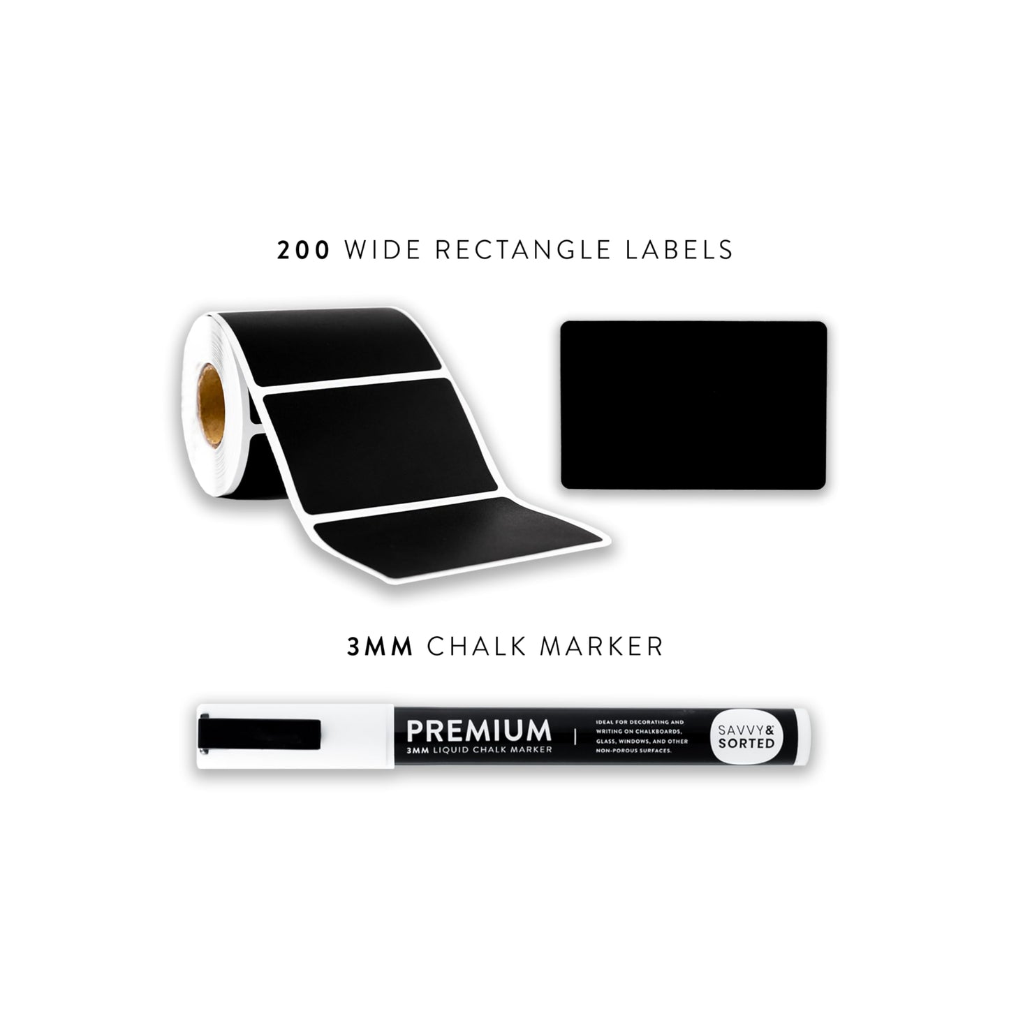 200 Chalkboard Labels for Storage Bins, Removable Black Stickers with Chalk Marker, Pantry Containers and Storage Bin Organization Wide Rectangle Roll - 200pcs