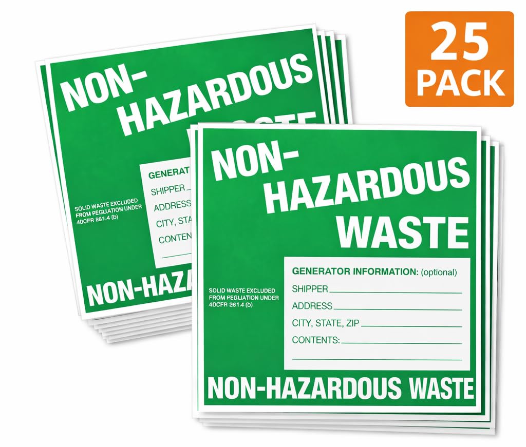 Non-Hazardous Waste Labels, 6 x 6 inches, Green/White, Self-Adhesive Vinyl, Pack of 25