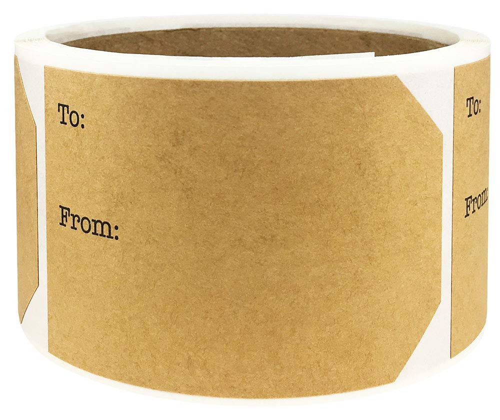 Natural Kraft Rustic Christmas Gift Tags – Writable to and from Present Stickers – 2 x 3 Inch, 100 Adhesive Labels – Eco-Friendly, Made in The USA