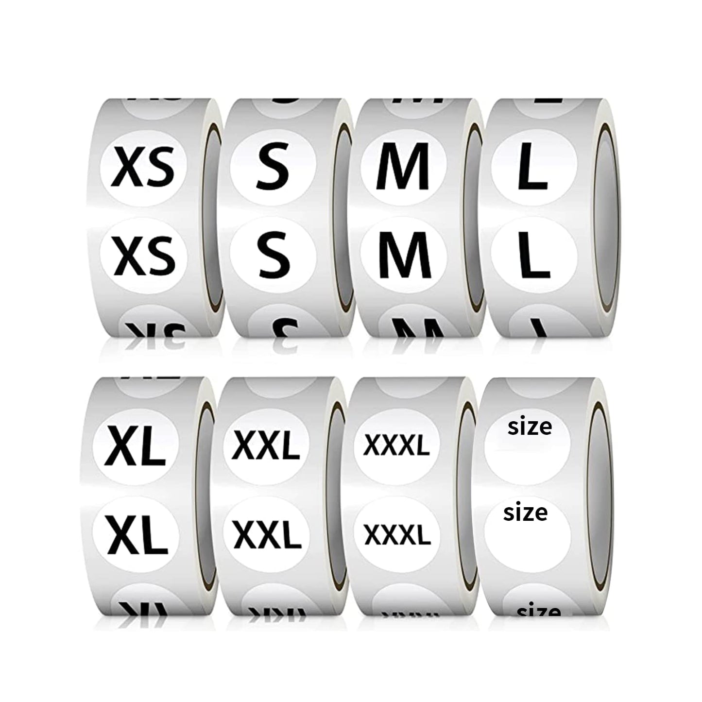 4000 Pcs Clothing Size Sticker Labels, Black Round Self Adhesive Clothing Size Stickers for Clothing T Shirt Pants Skirt Retail.(7/8” Each,8 Rolls,XS,S,M,L,XL,XXL,XXXL,Blank Size)
