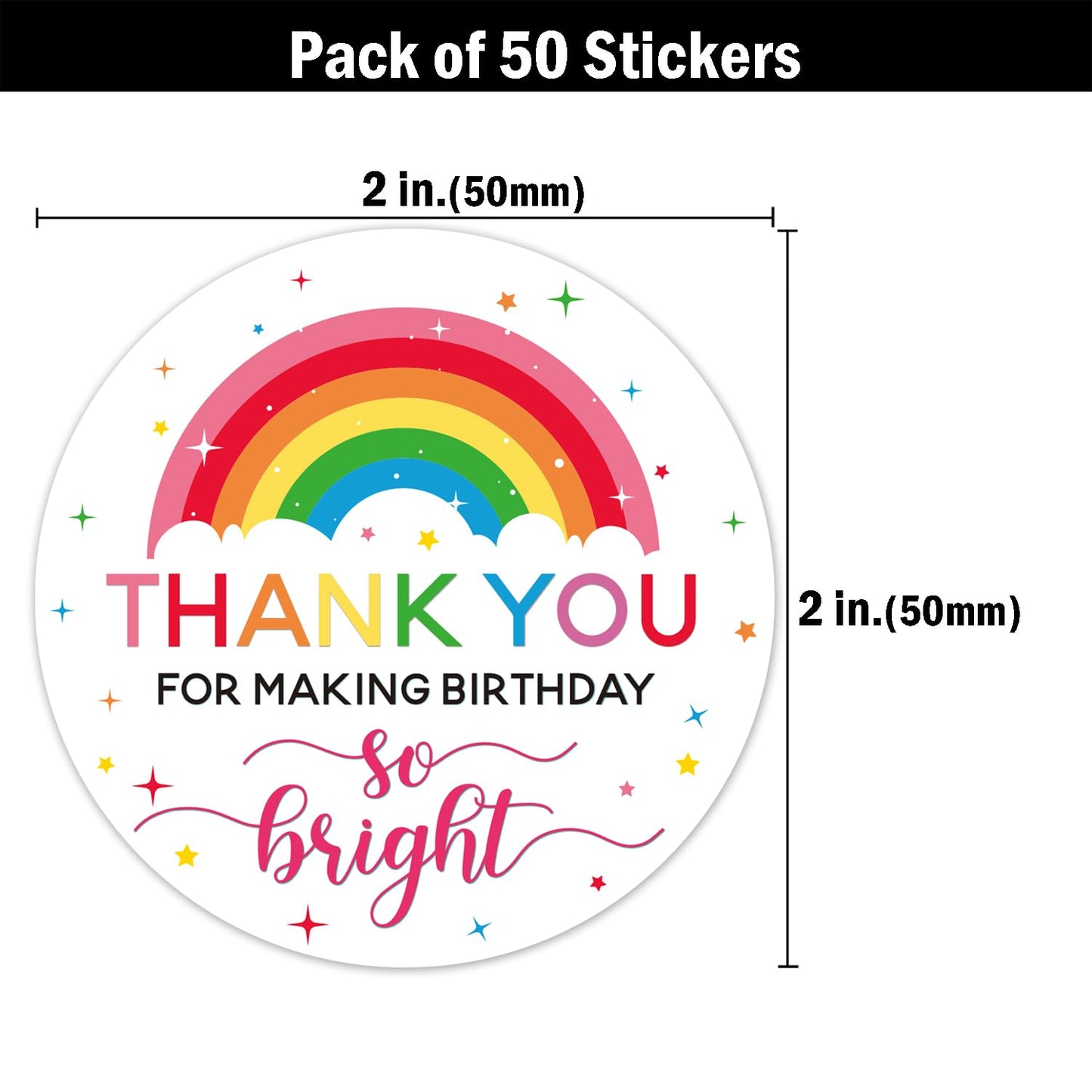 50 Pcs Watercolor Rainbow Thank You Stickers - 2 Inches Self Adhesive Round Label Stickers - Birthday Party Thank You Sticker Labels for Envelope, Packaging,Birthday,Wedding, Baby Shower Favors.