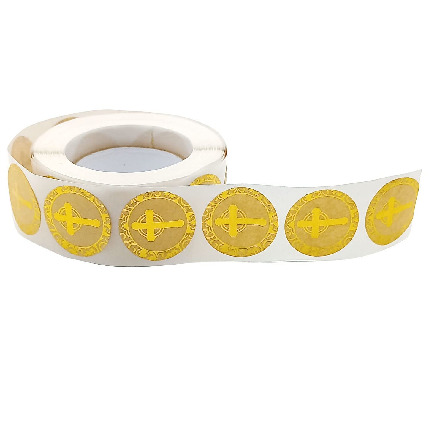 500-Piece Stickers Roll, Cross Design Round Labels with Gold Foil Finish, Round Labels Ideal for Christening, Communion, Christian Occassions, 1 inch/2.5 cm in Diameter (Cross)