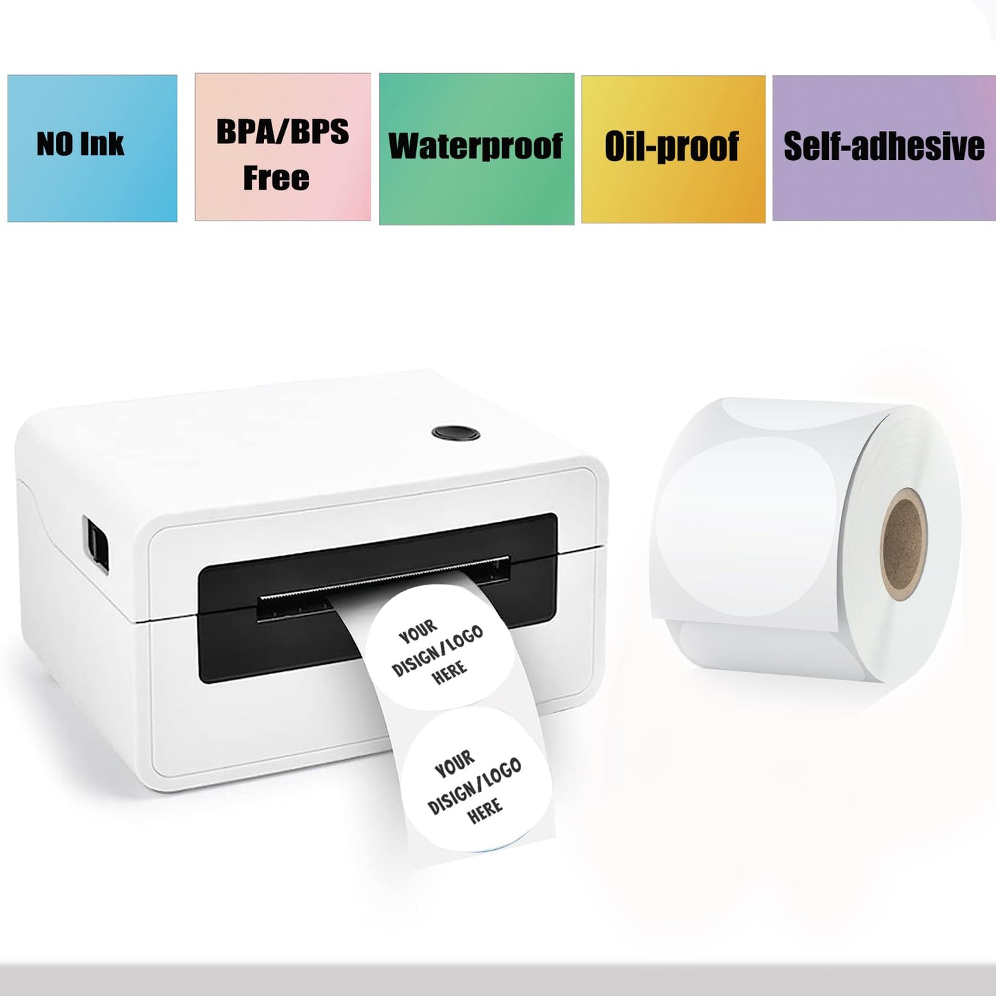 Thermal Sticker Labels, 2 Inch Self-Adhesive Circle Direct Thermal, Multi-Purpose Roll for DIY Logo Design, QR Code, Name Tag - 600 Labels, 1 Roll (Green) (White) White