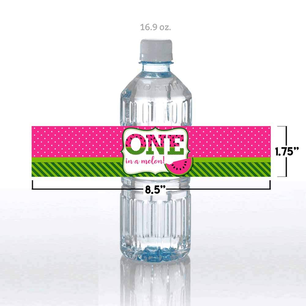 Sweet First Birthday Pink Watermelon Birthday Waterproof Water Bottle Sticker Wrappers, 20 1.75" x 8.5" Wrap Around Labels by AmandaCreation