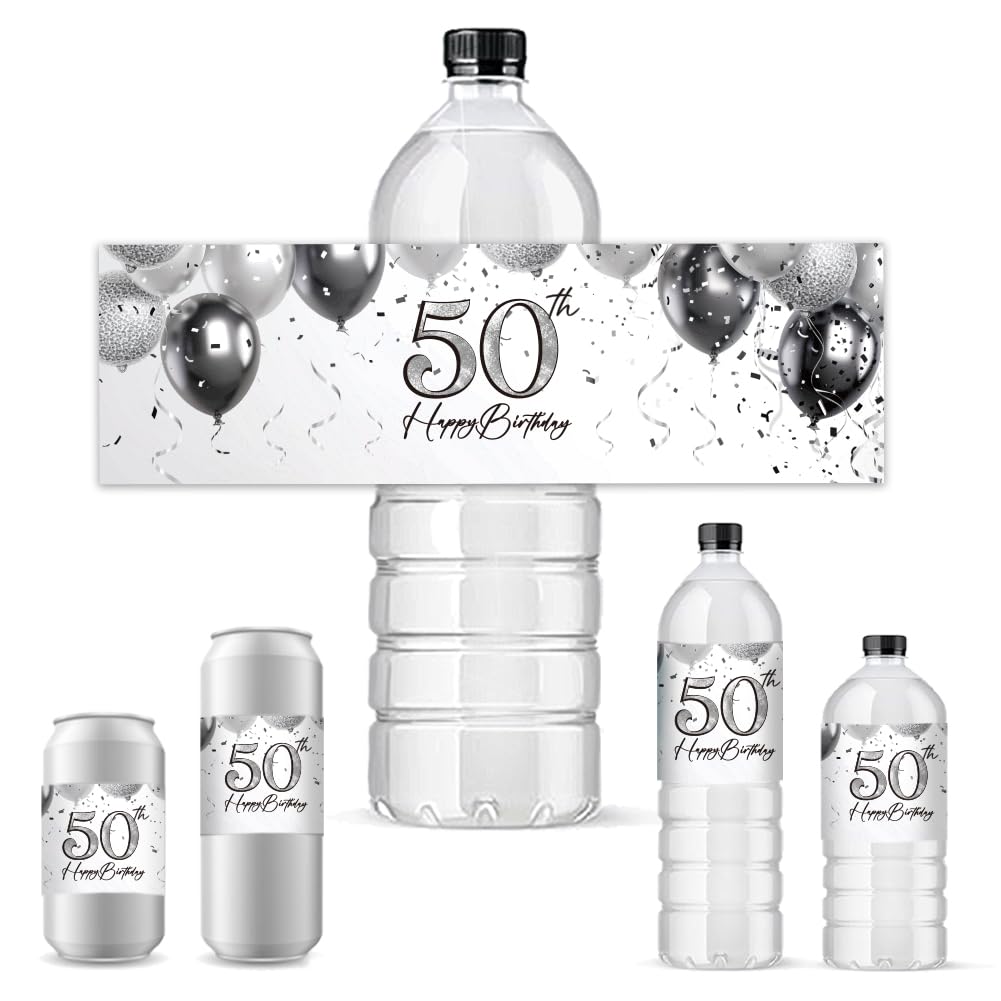 PH PandaHall 50th Birthday Water Bottle Labels Happy Birthday Stickers for Party Personalized Water Bottel Wraps Self Adhesive Labels for Father Husband 8.5x2.5 inches, 30pcs
