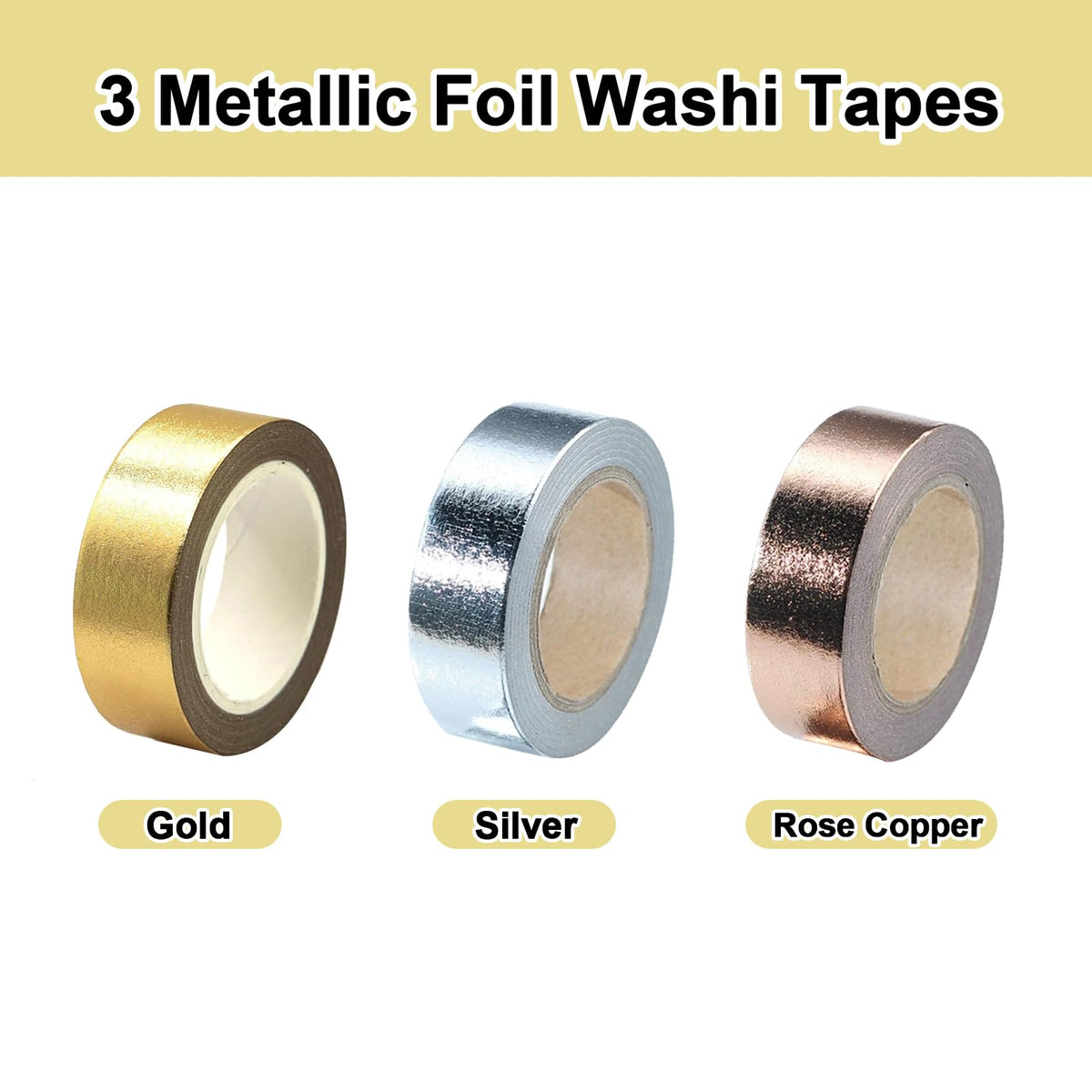 Gold, Silver & Rose Copper Washi Tape – 3pc Foil Decorative Tape Set with Bonus Squeegee for Wall Decor, Crafts, Mirror Edging & Gift Wrapping – Self-Adhesive Masking Tape Strips 0.59in x 33FT Each