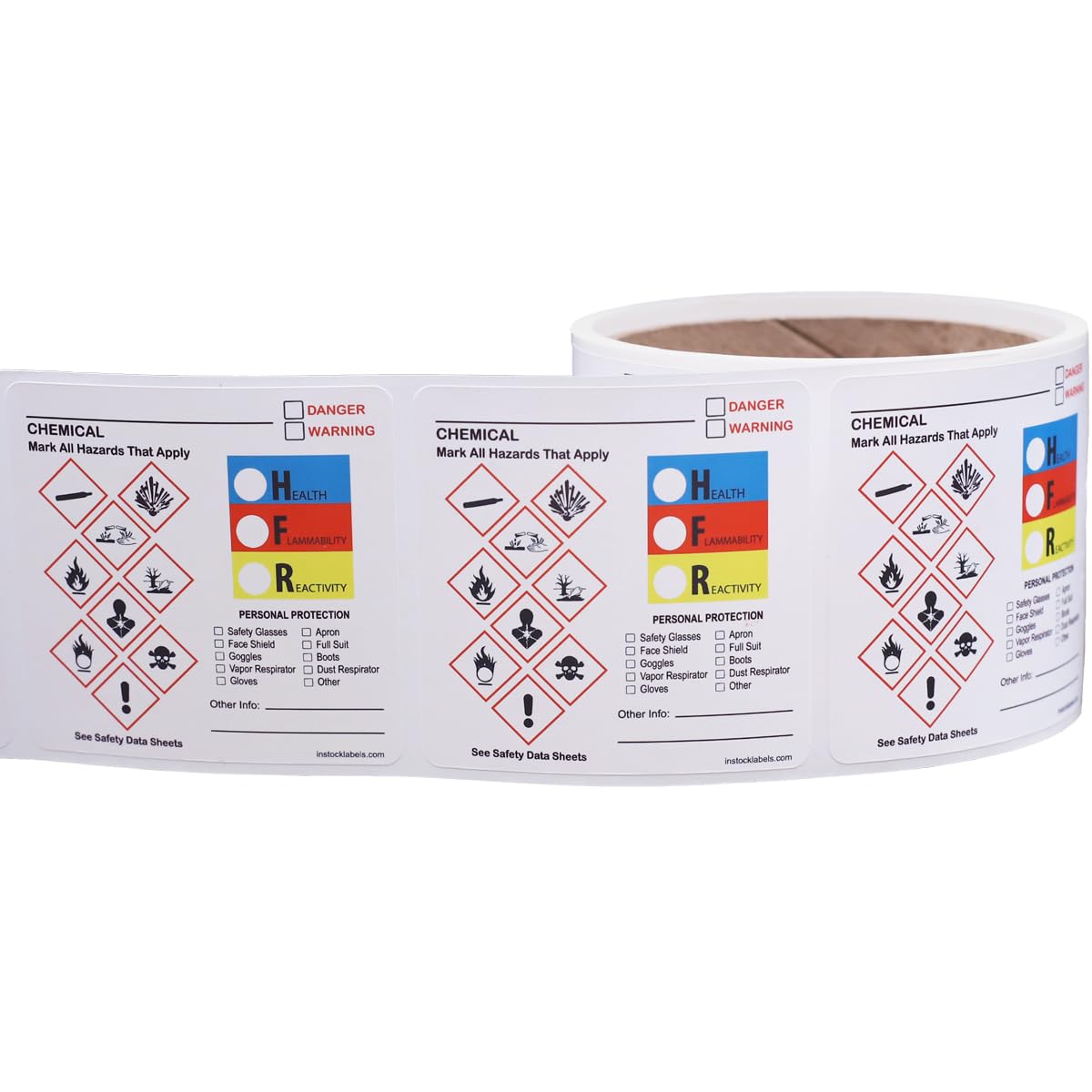 Safety Data Sheet GHS Hazard Labels with PPE Info, Chemical DOT Hazmat Stickers, 2.5 Inch Square, 100 Total Labels per Roll - Ideal for Labs, Warehouses, Manufacturing, and Chemical Processing
