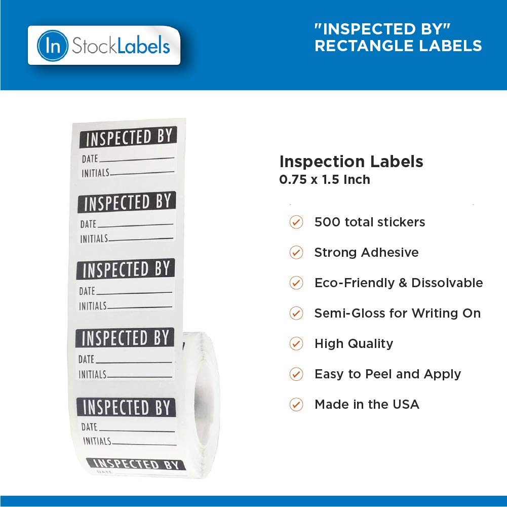 Inspected by Rectangle Labels, Adhesive Stickers, 0.75" x 1.5", Pack of 500