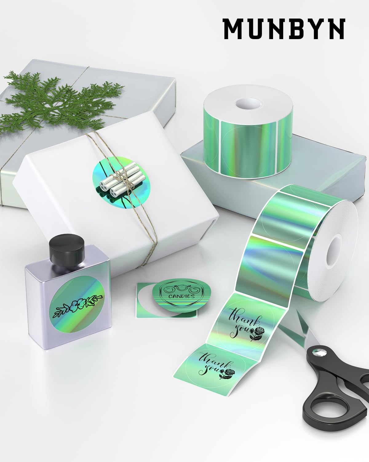 MUNBYN 2" Circle Holographic Thermal Label Stickers Green, Round Printable Rainbow Glitter Thermal Printer Sticker Labels for Gift Wrapping, Self-Adhesive Name Price Tag DIY Custom Logo Design 2" Holographic Green