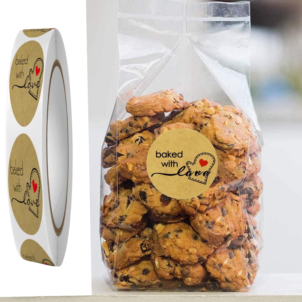 1000PCS Baked with Love Stickers for Baked Goods,1 Inch Small Round Brown Red Heart in Baking Gloves Baking Stickers Label Bakery Stickers for Packaging Canning Bottles,Cookie Bags (Brown)
