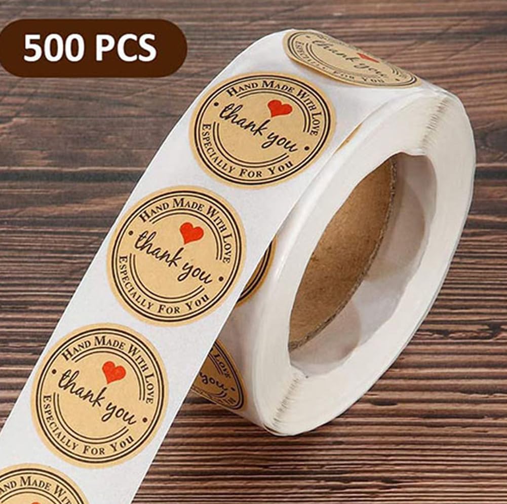 500PCS Hand Made with Love Stickers,1.5 Inch Large Round Thank You Baking Stickers Canning Bottler Labels for Baked Goods Packaging Jam, Jelly Jar,Mason Jars,Cookie Bags Supplies (Brown Handmade) Brown Handmade