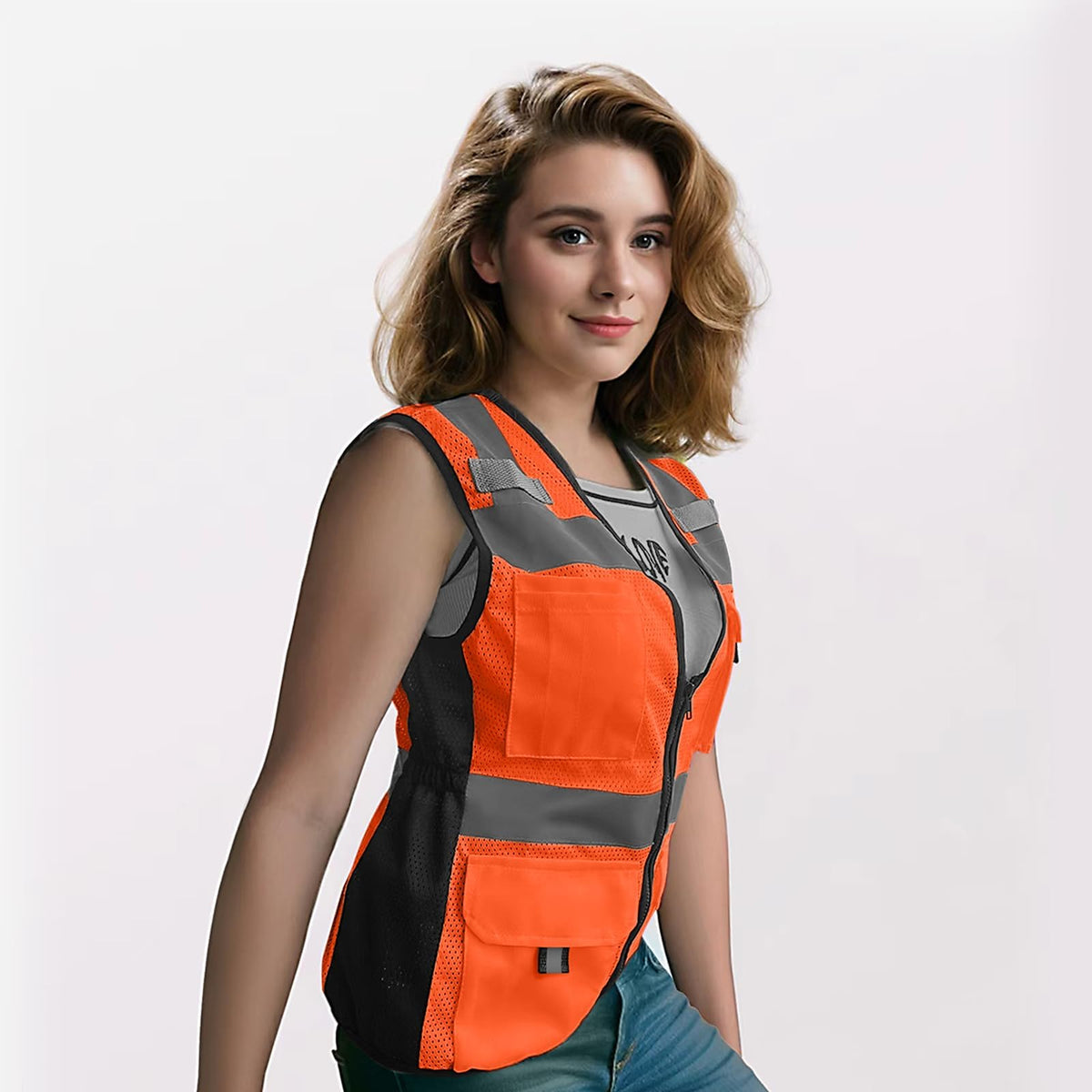 Reflective Vest for Women, Mesh Womens Safety Vest with 11 Pockets and Zipper, Hi Vis Neon Construction Work Vest for Lady Surveyors/Workers, Snugly-Fitted, ANSI Compliant (U-Orange, M) Medium Orange