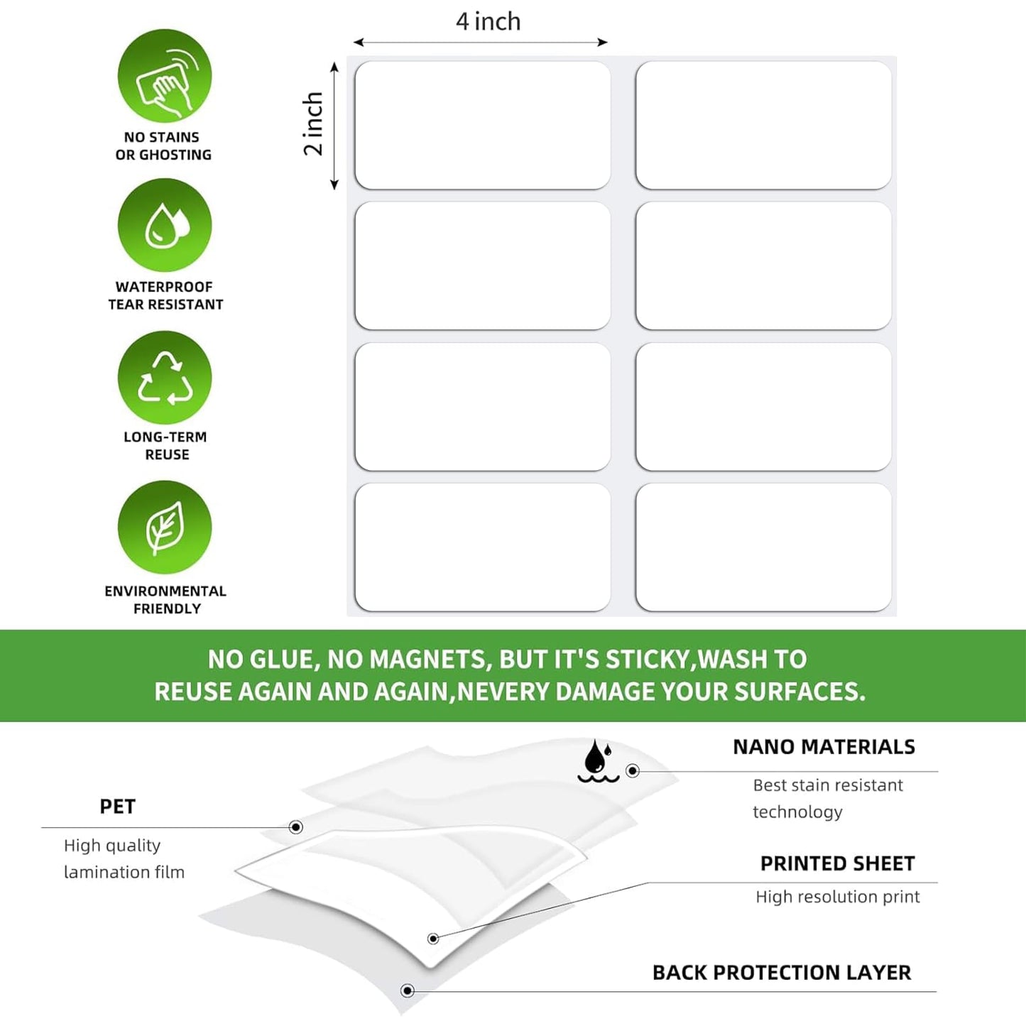 SVNOOC Multi-Use Removable Labels, Dry Erase Labels Stickers, White, Non-Printable, Blank Labels, Reusable Sticky Notes (2x4 inches) 2x4 inches
