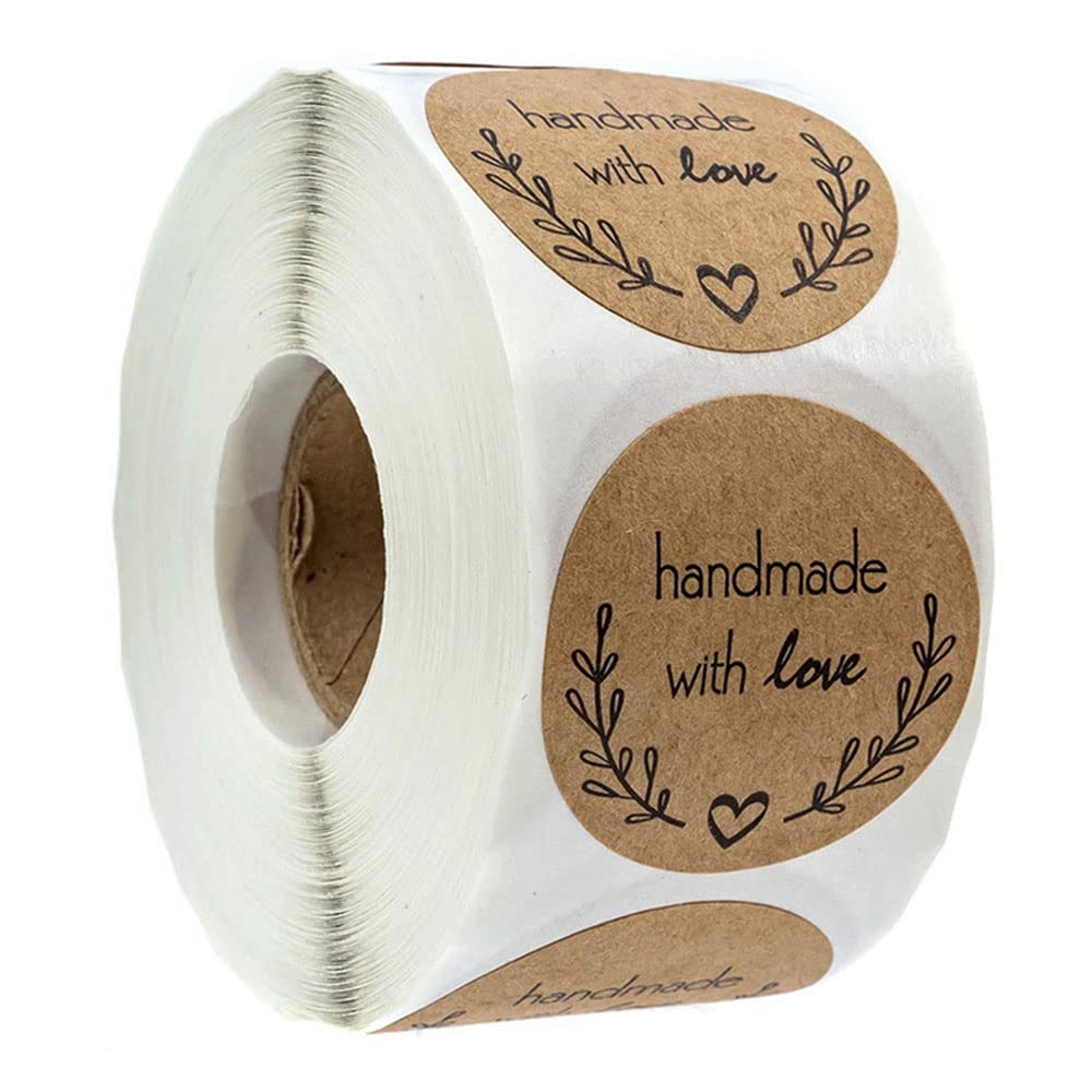 1000pcs Self Adhesive Stickers Labels Kraft Paper Handmade with Love Round Baking Stickers Labels Roll Decoration Cookie Jars Homemade Gifts Envelopes Etc