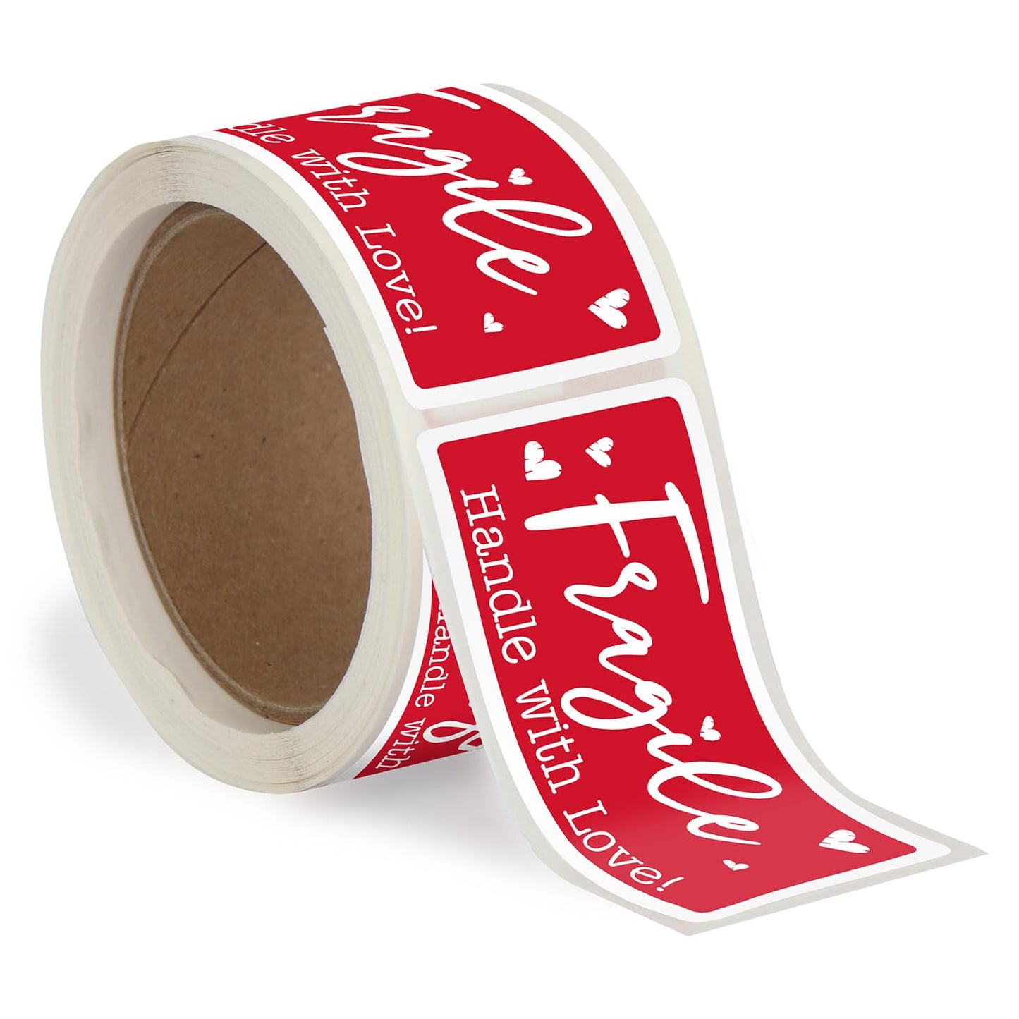 SmartSign Handle with Love Fragile Stickers - 2 x 4 inch, 100 / Roll, Funny Fragile Shipping Label, Semi-Gloss Paper, Permanent Adhesive, White on Red, Made in USA